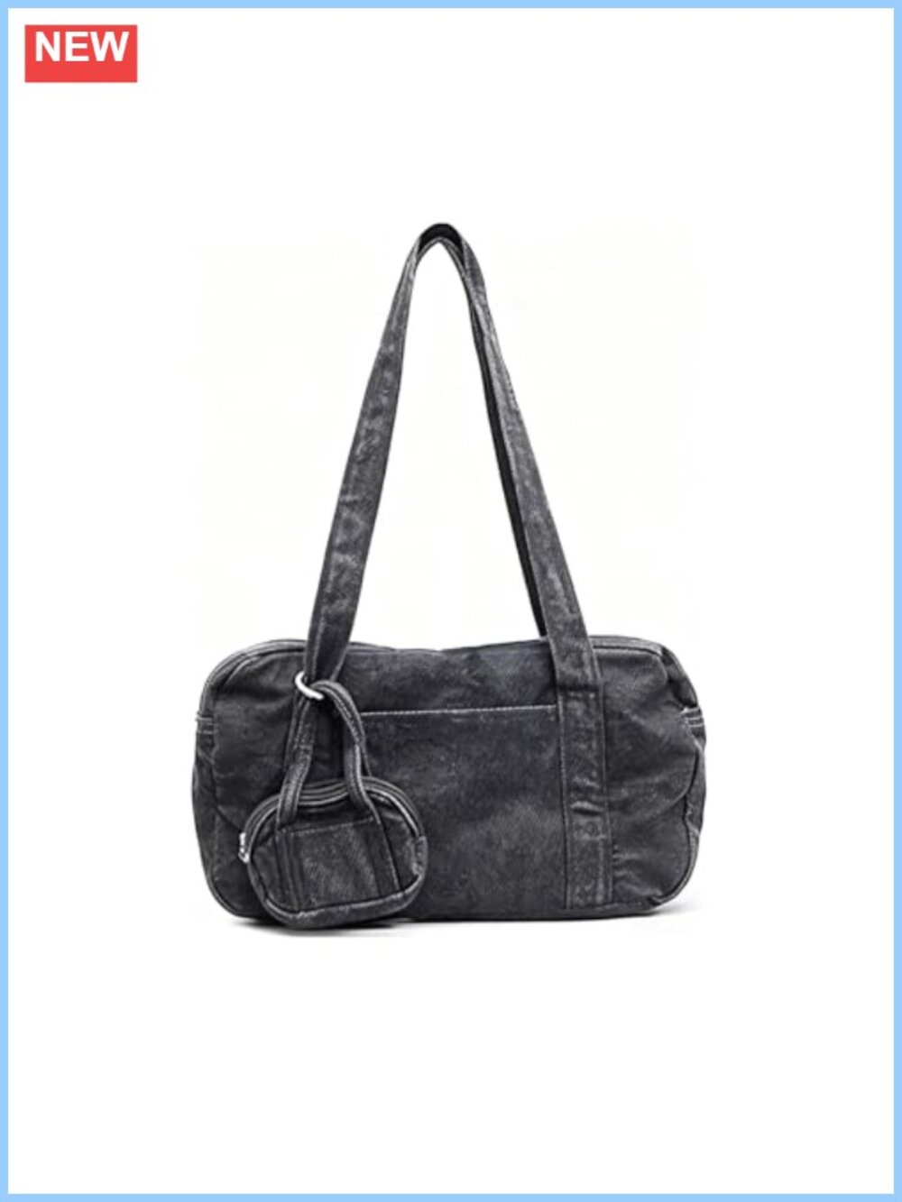 Distressed Denim Bowler Bag with Mini Coin Pouch, Zippered Tote, Handheld